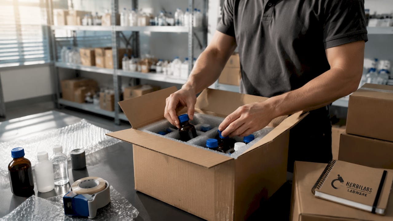 Laborbedarf wird sorgfältig von Hand für den Versand verpackt.