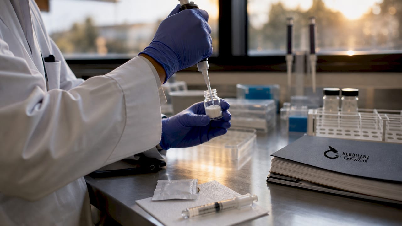 Hands reconstituting lyophilized reagent in sterile lab