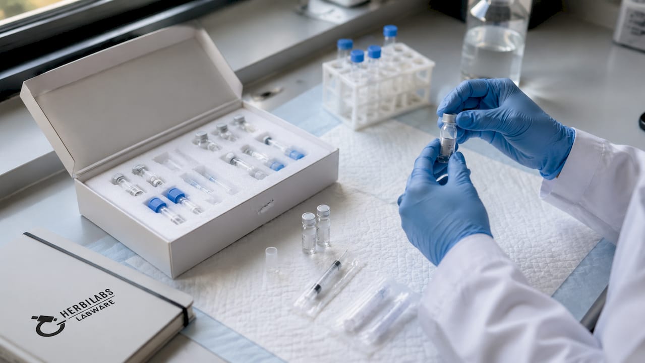 Vue détaillée des différents éléments d’un kit de reconstitution de peptides