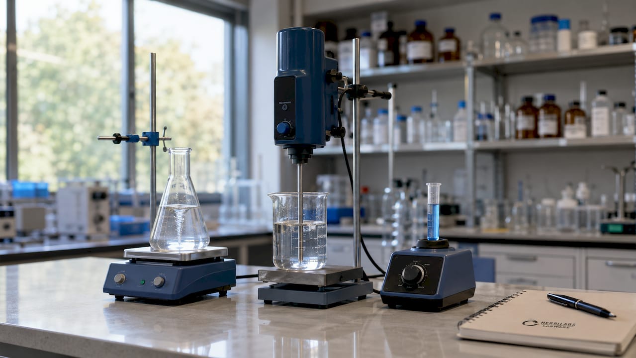 Detalle de varios equipos de laboratorio utilizados para mezclar muestras