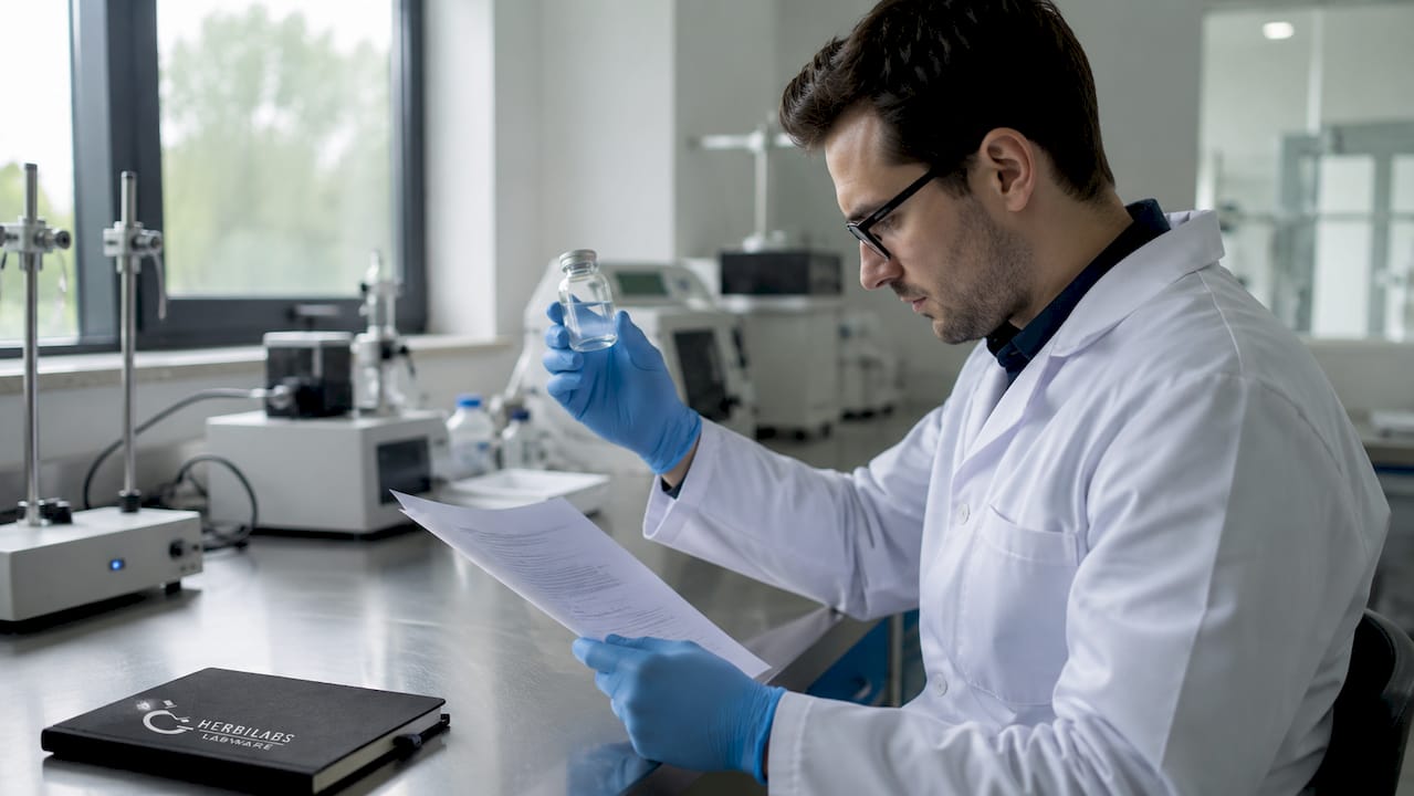 Une main présente un flacon accompagné de son certificat de conformité.