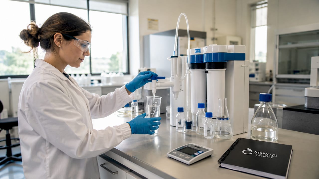 Eine Technikerin überprüft die Qualität von hochreinem Wasser im Reinraum.