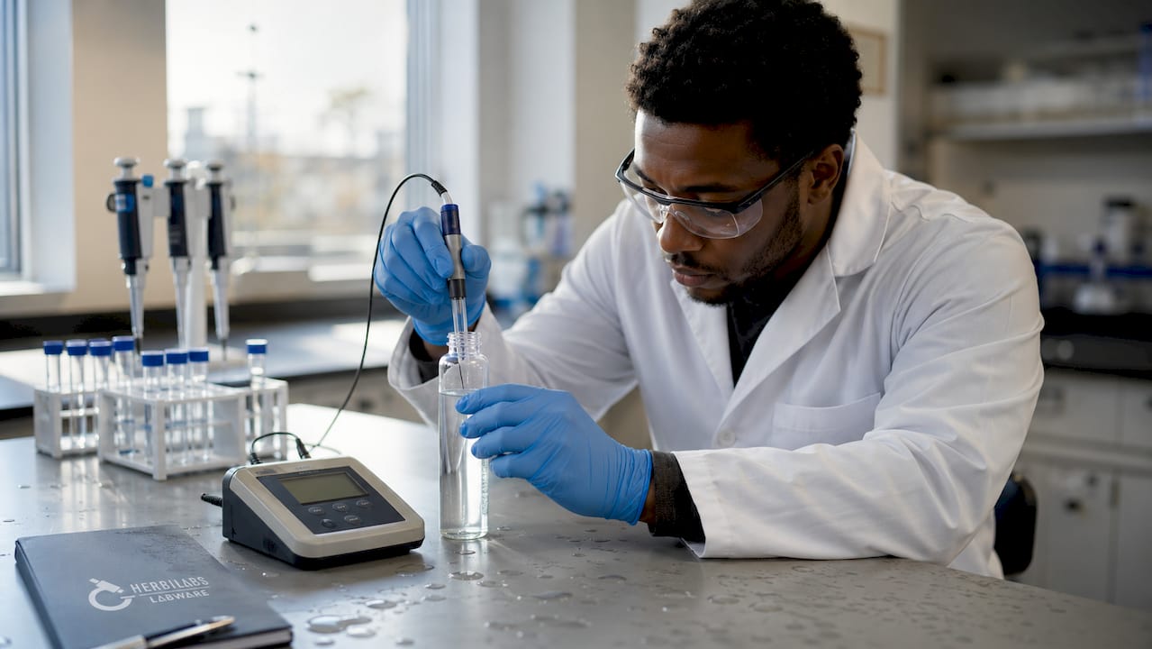 Un técnico de laboratorio verifica el nivel de pH en una muestra de agua bacteriostática.