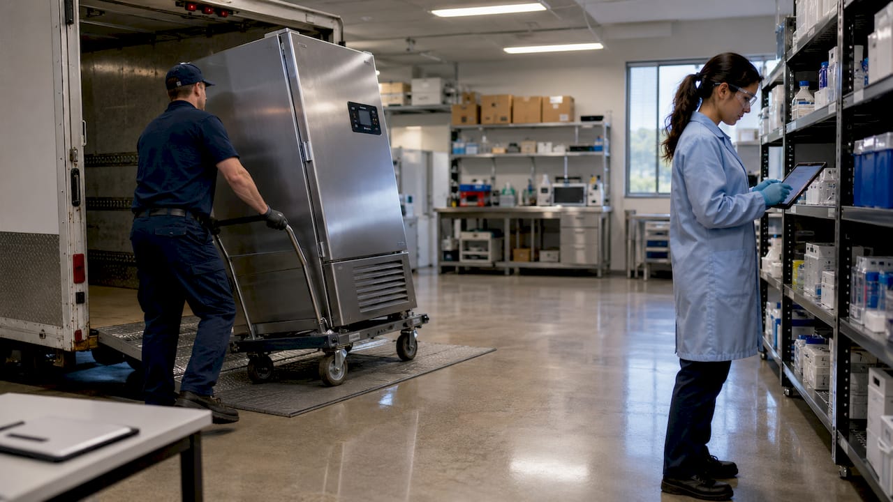Technician unloading freezer delivery in lab