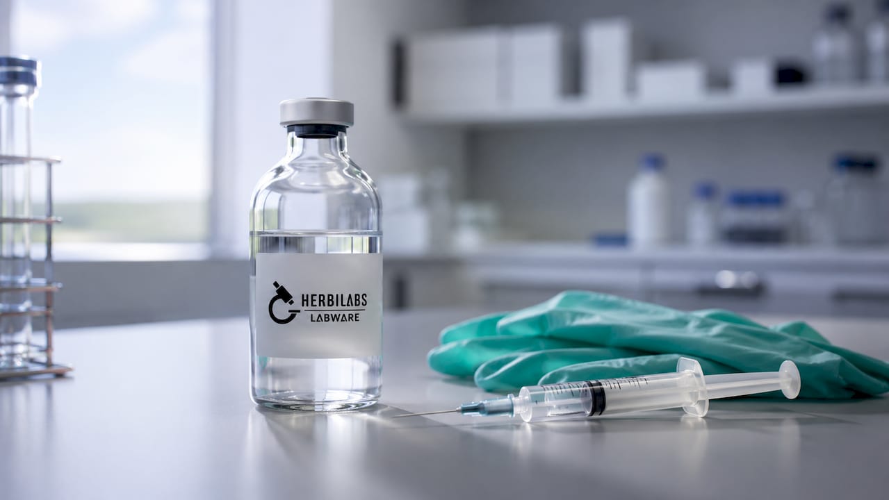 Nahaufnahme einer Durchstechflasche mit bakteriostatischem Wasser und einer Spritze