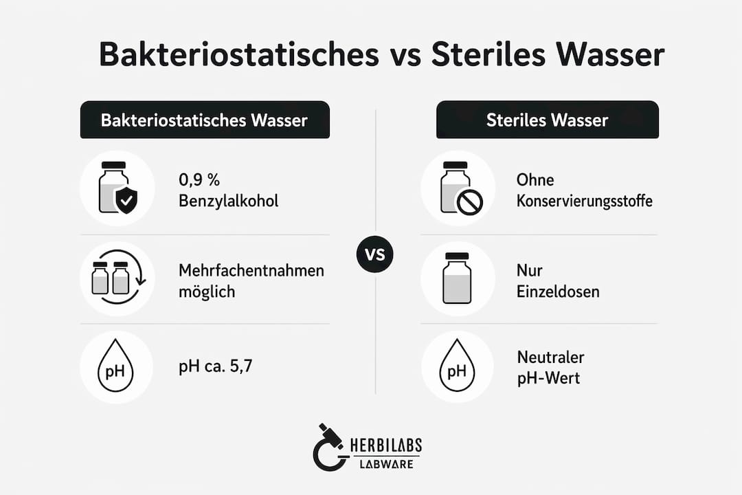 Infografik: Unterschiede zwischen bakteriostatischem Wasser und sterilem Wasser im Überblick