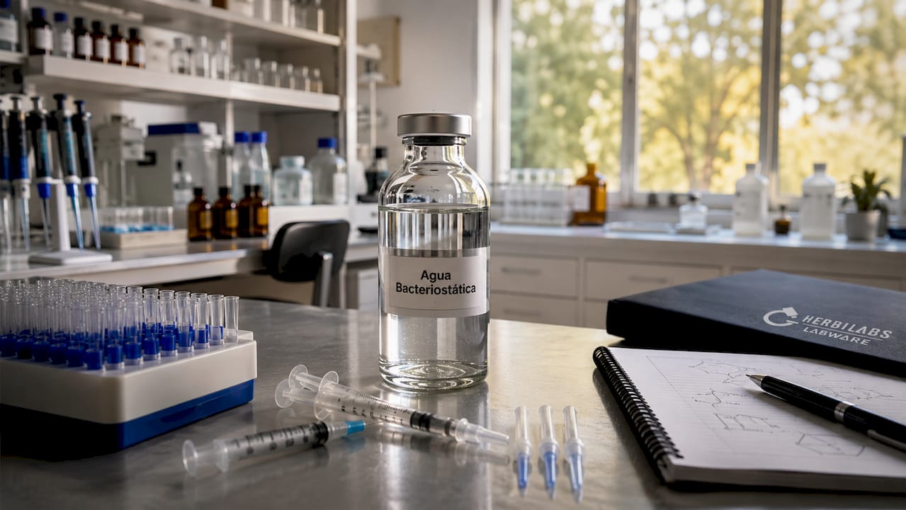 Botella de agua con propiedades bacteriostáticas sobre la mesa del laboratorio