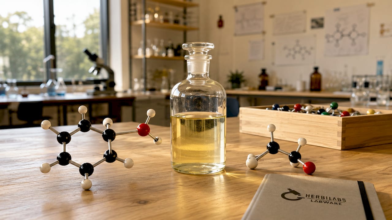 Detailaufnahme eines Benzylalkohol-Fläschchens zusammen mit Molekülmodellen