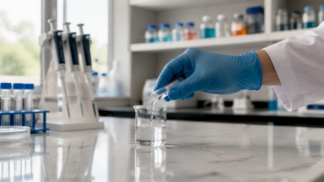 Des mains gantées manipulent une solution de peptides.