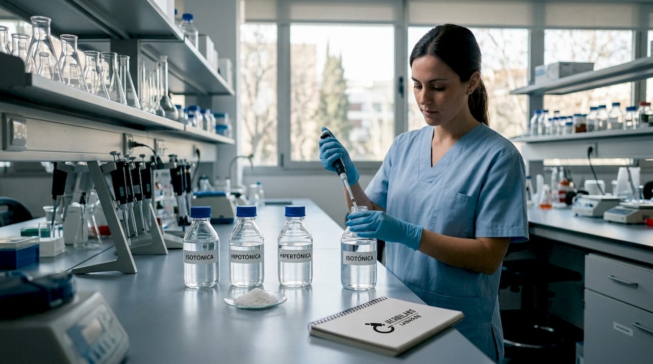 Vista superior de tres muestras de solución salina acompañadas de material de laboratorio