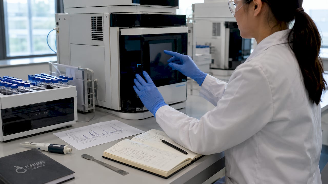 Close-up of hands operating HPLC instrument touchscreen
