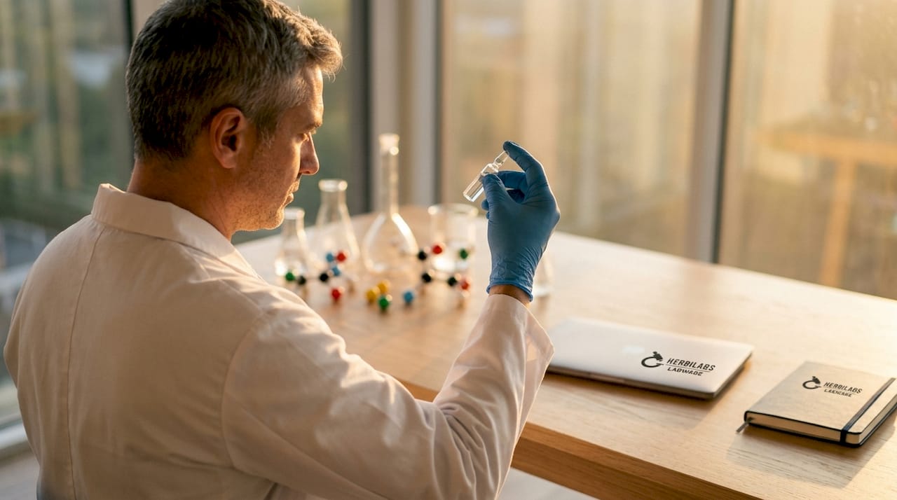 Nahaufnahme: Zwei Hände halten vorsichtig ein Fläschchen mit Peptidlösung.