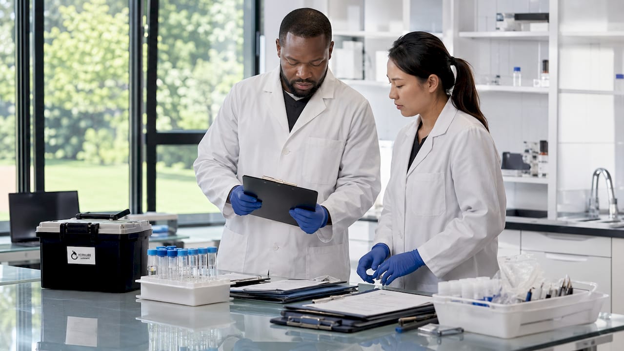 Audit team organizing tools in lab prep area