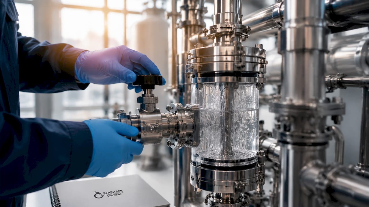 Ein Techniker überprüft die Funktionsweise einer Wasseraufbereitungsanlage.