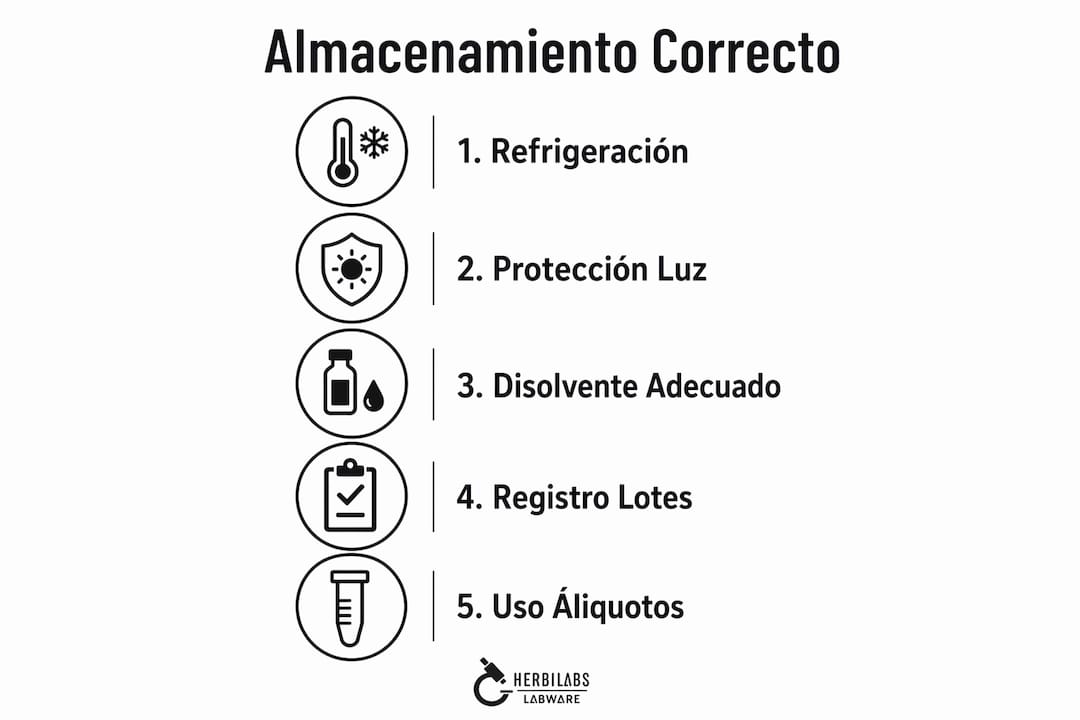 Infografía con los pasos clave para conservar péptidos correctamente