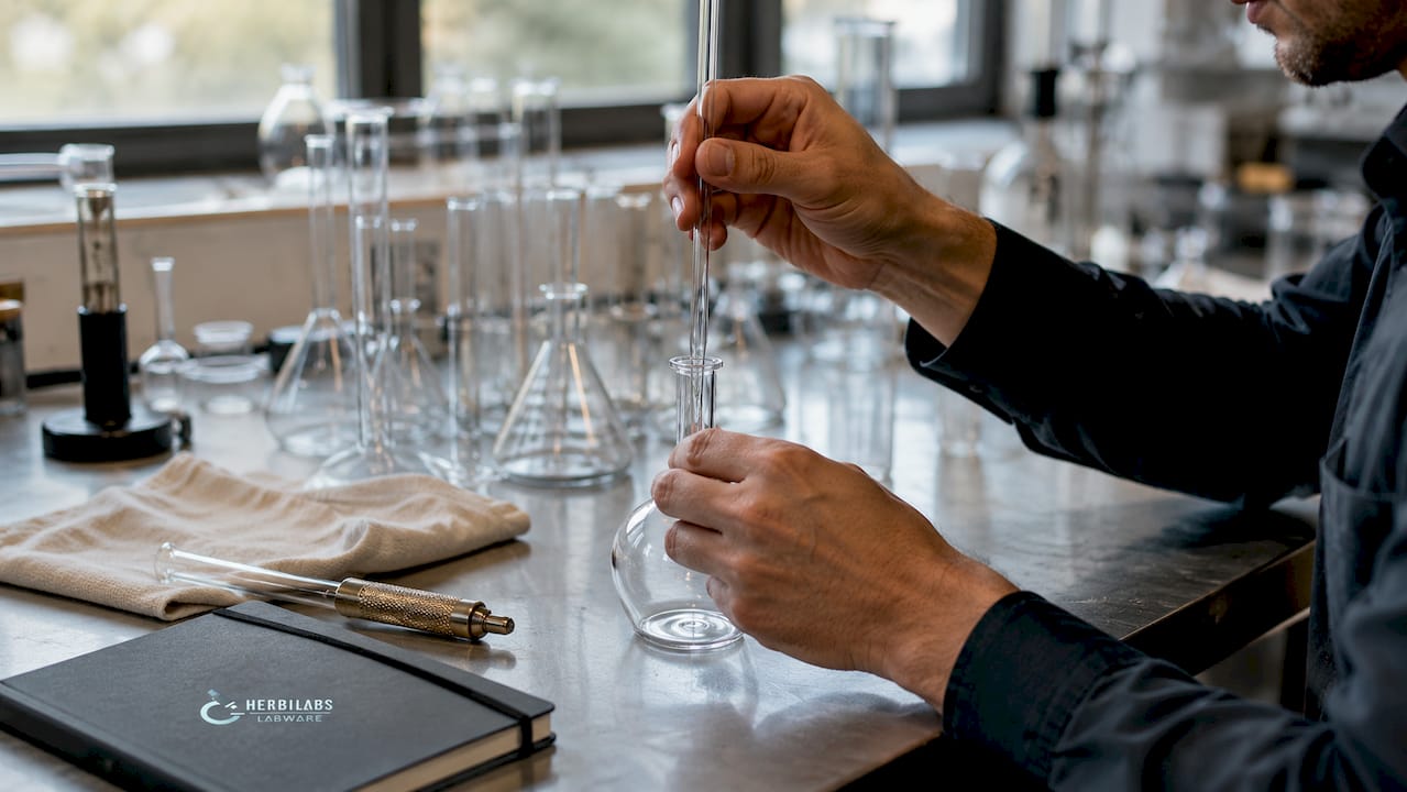 Hands assembling precision lab glassware