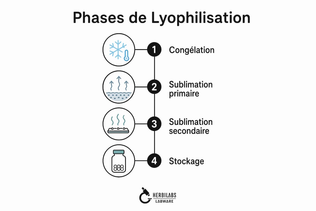 Schéma explicatif des principales étapes du processus de lyophilisation