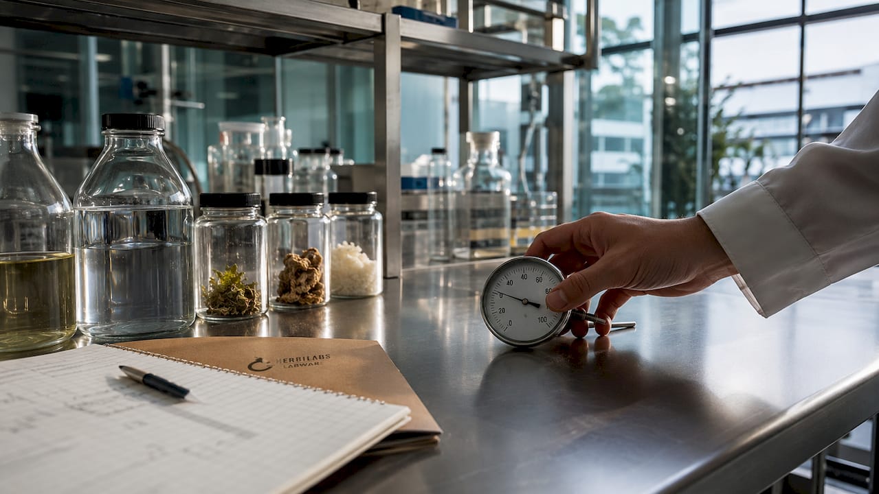 Sobre la mesa del laboratorio se encuentran varias muestras junto a un termómetro digital.