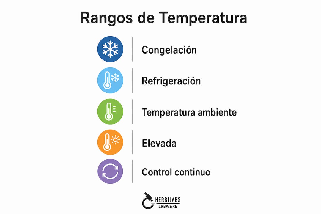 Guía visual sobre los rangos de temperatura recomendados para conservar muestras científicas
