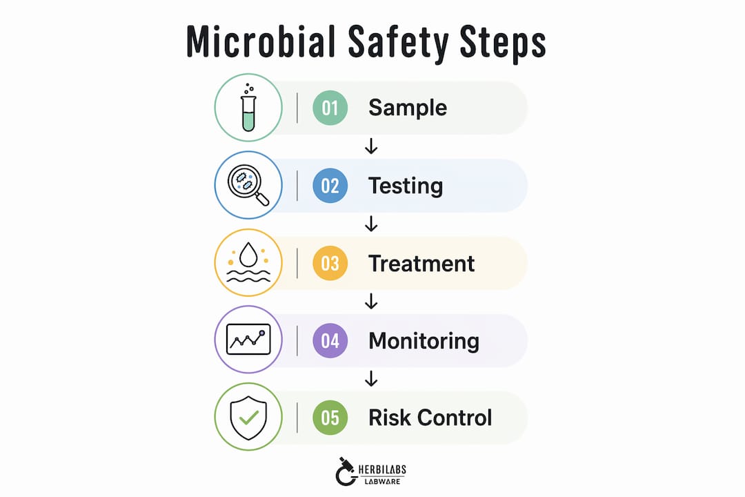 Infographic illustrating steps to achieve microbially safe water