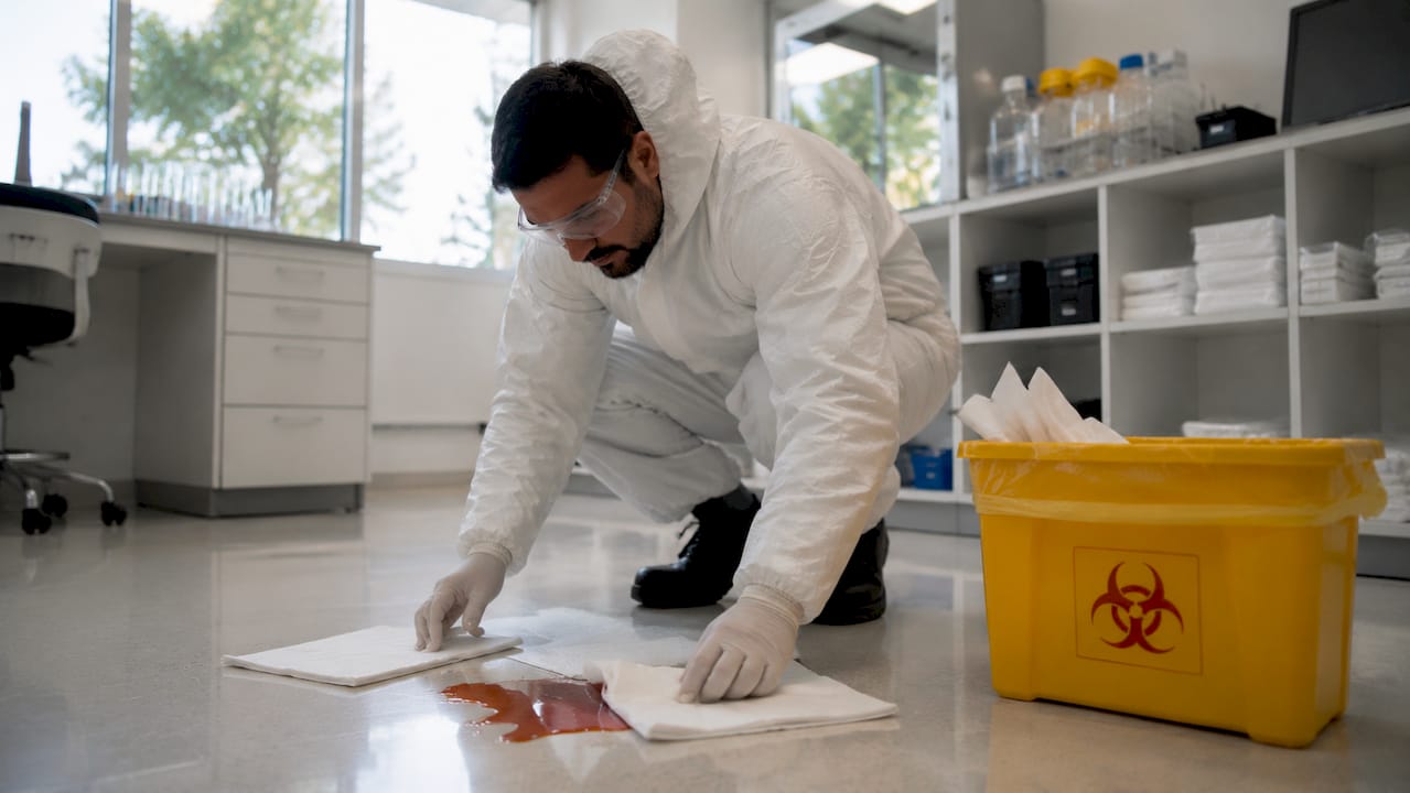 Biohazard spill being contained with absorbent pads