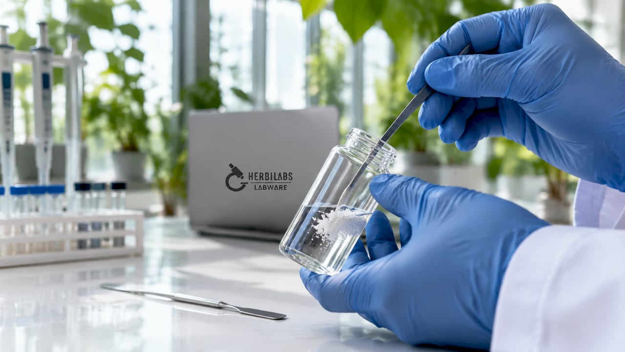 Detailaufnahme: Ein Peptid wird mit steriler Lösung vermischt.