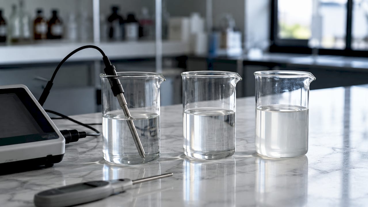 Close-up of water samples and resistivity meter