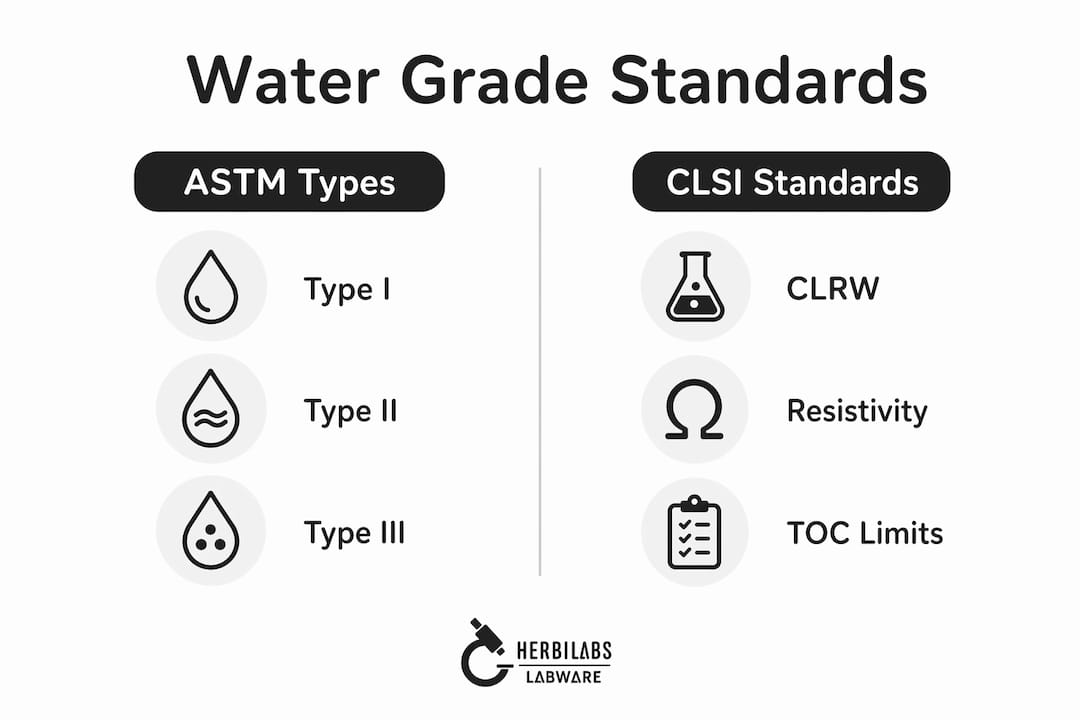 Infographic comparing ASTM and CLSI water grade standards