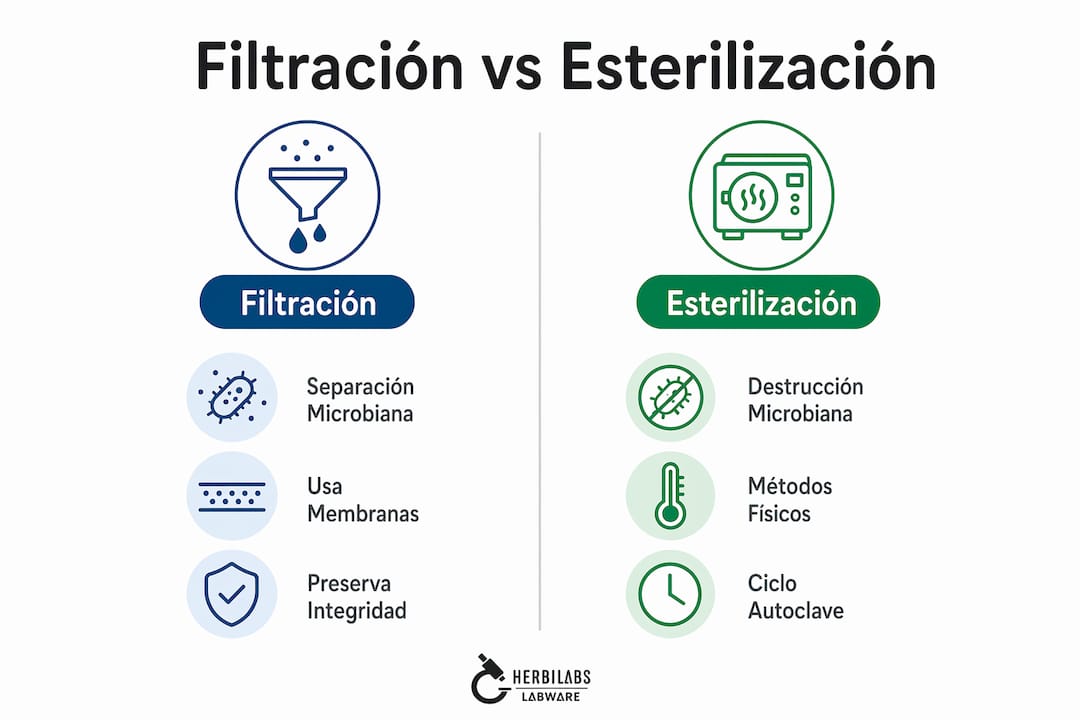 Infografía sobre las diferencias entre filtración y esterilización en el laboratorio