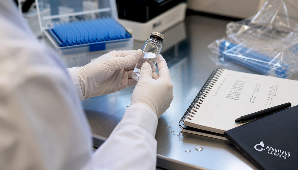Hands holding endotoxin-free vial over clean lab bench