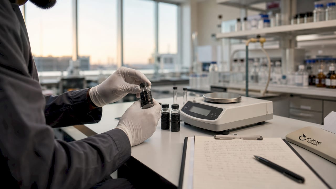 Mit Handschuhen geschützte Hände bereiten lichtempfindliche Peptidproben in kleinen Glasfläschchen vor.