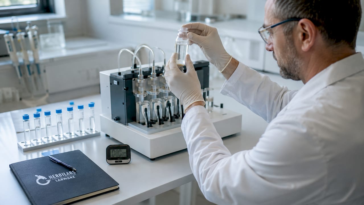 Des mains manipulent un flacon au-dessus d’un appareil de contrôle d’endotoxines.
