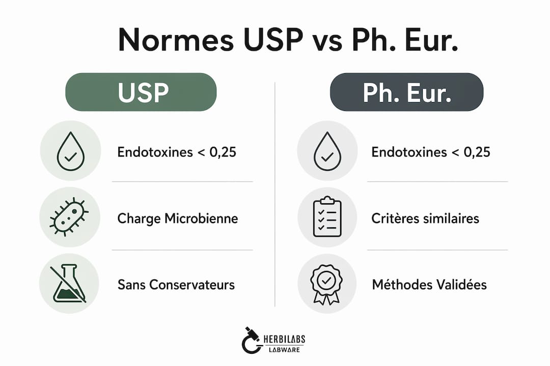 Infographie mettant en parallèle les exigences de l’USP et de la Pharmacopée Européenne