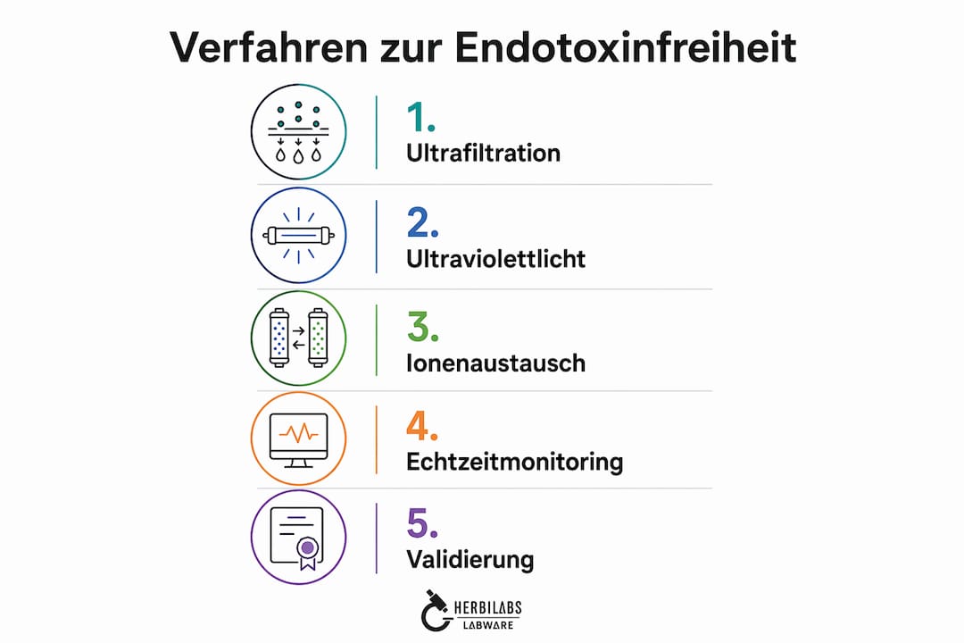 Diese Infografik veranschaulicht anschaulich, wie endotoxinfreiem Wasser Schritt für Schritt hergestellt wird.