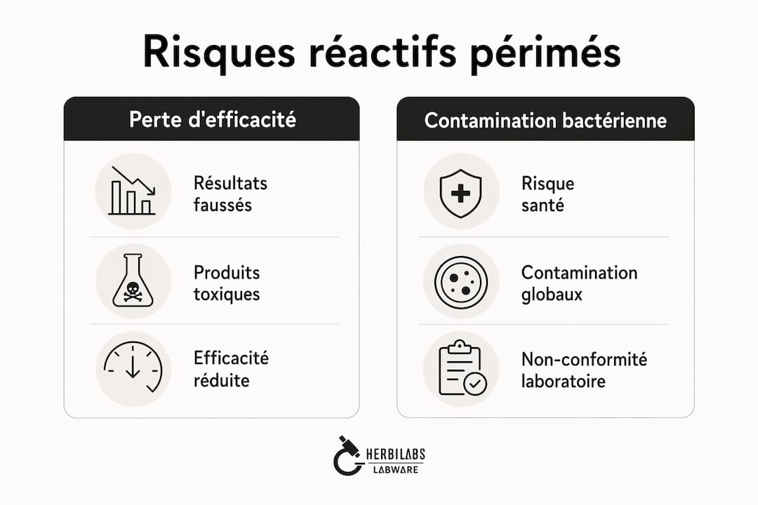 Infographie mettant en lumière les dangers liés à l’utilisation de réactifs stériles arrivés à expiration