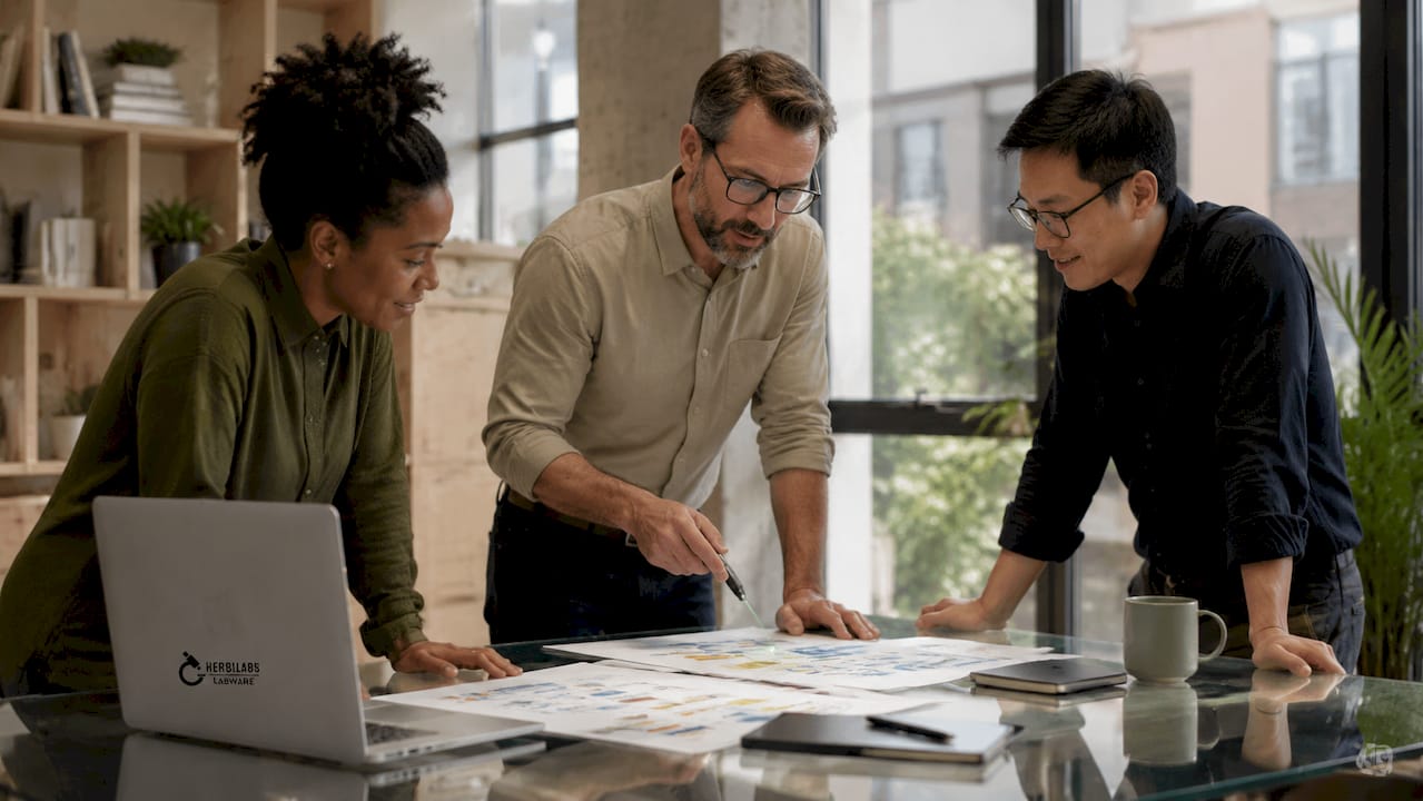 Lab manager reviewing quality workflow with colleagues
