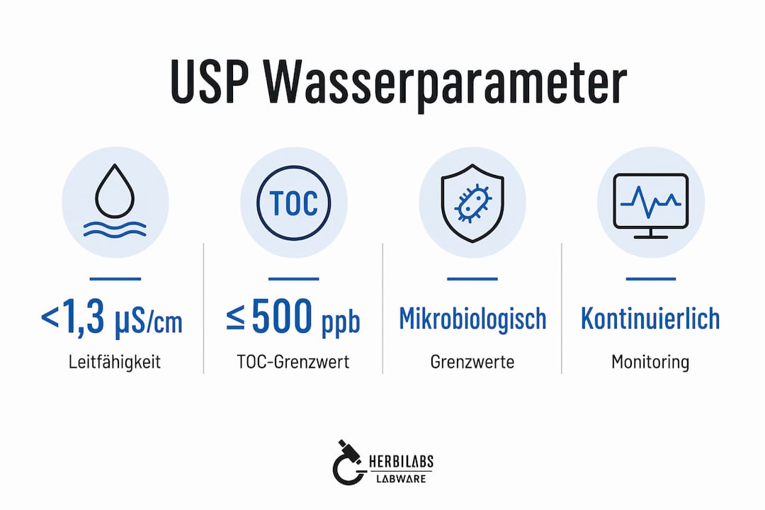 Übersichtsgrafik: Die wichtigsten Qualitätsmerkmale von USP-Wasser auf einen Blick