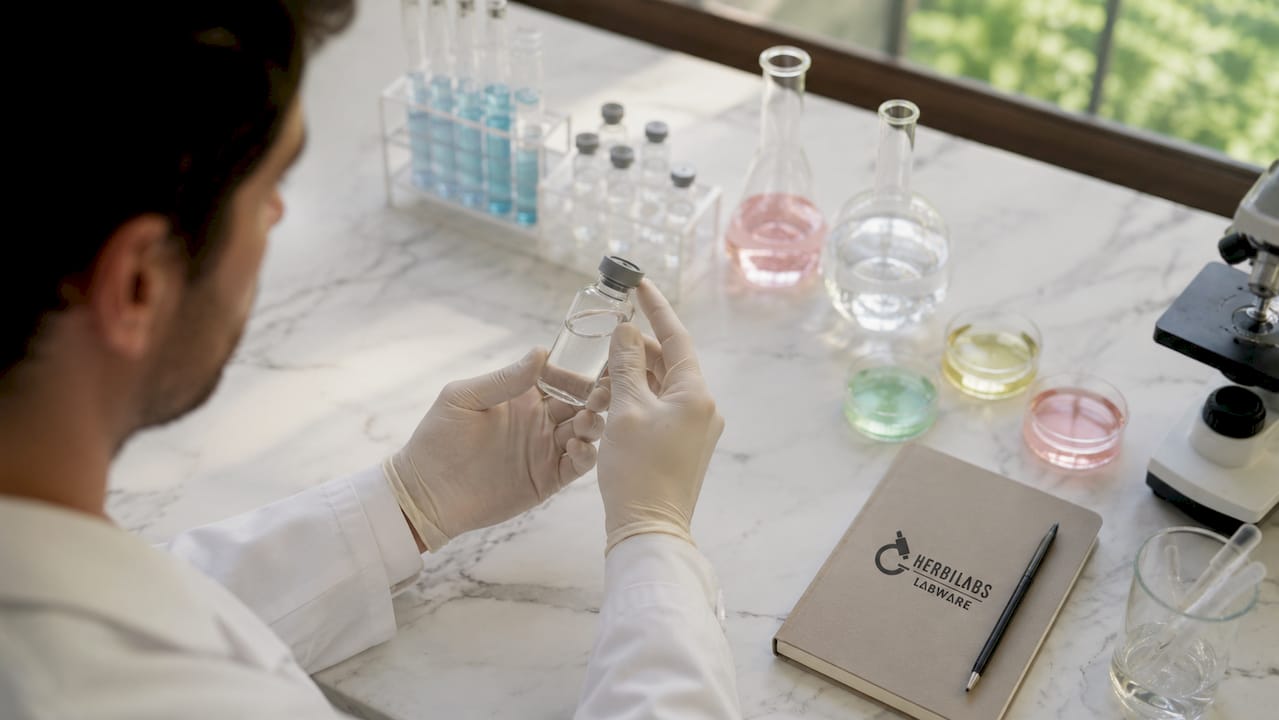 Un chercheur examine un flacon d’eau bactériostatique dans son laboratoire.