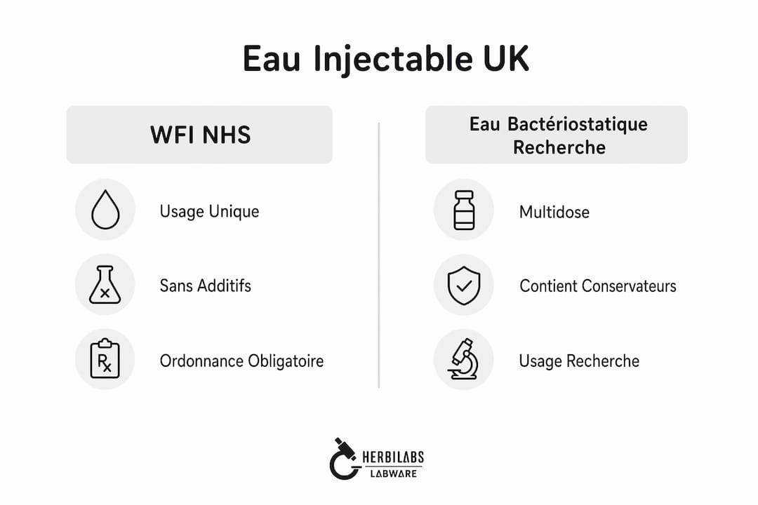 Infographie mettant en parallèle les caractéristiques du WFI NHS et de l’eau bactériostatique
