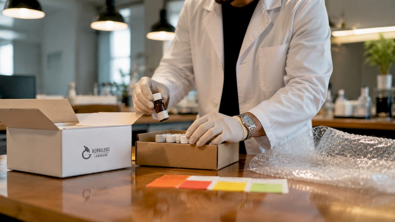 Hands packing reagent bottles for shipment