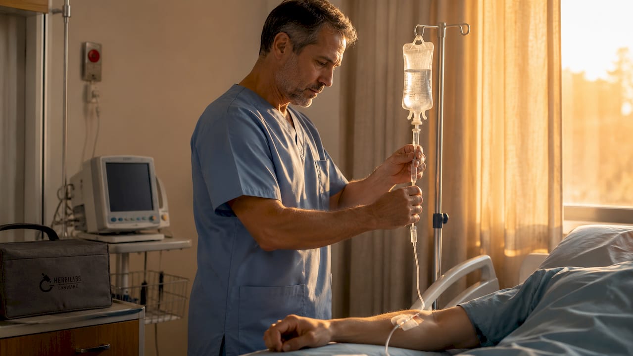 Enfermera regulando la administración de suero a un paciente