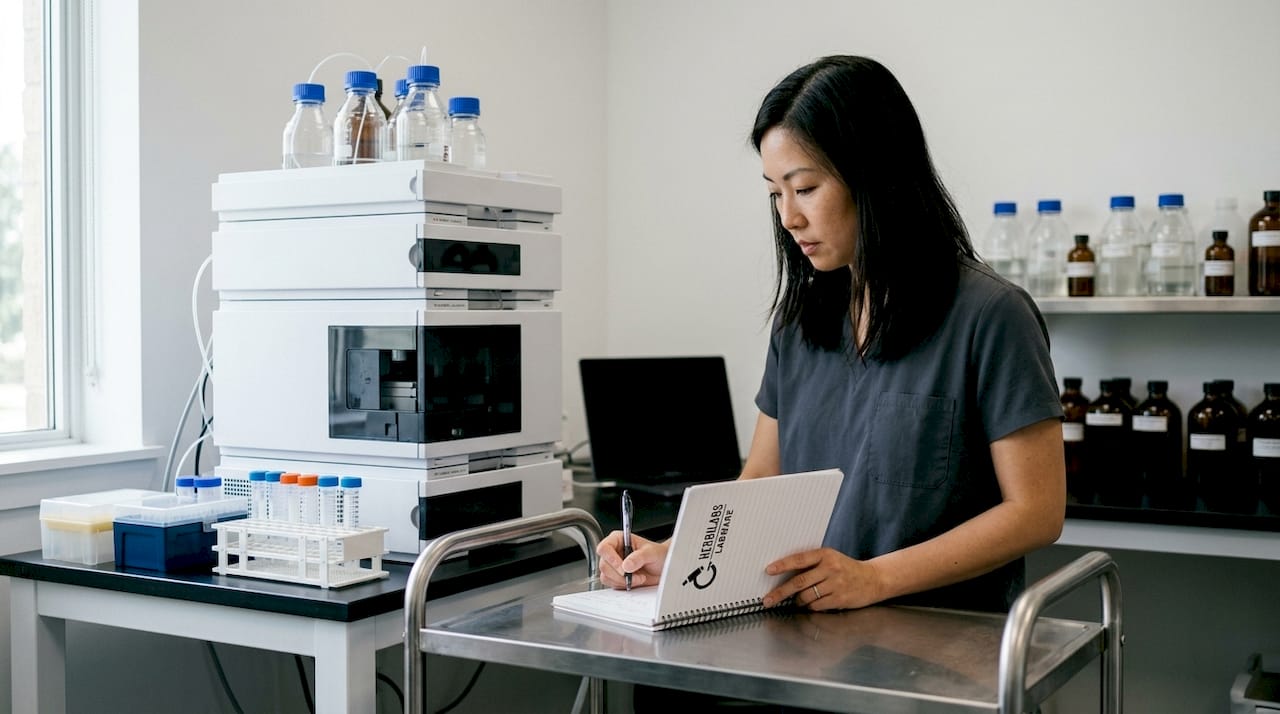 Técnica trabajando en un laboratorio certificado bajo la norma ISO, tomando apuntes en su libreta de trabajo.