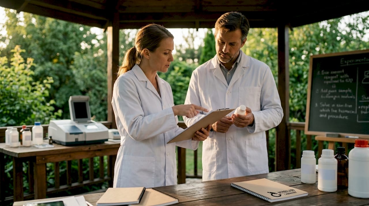 Scientists reviewing reagent verification data together