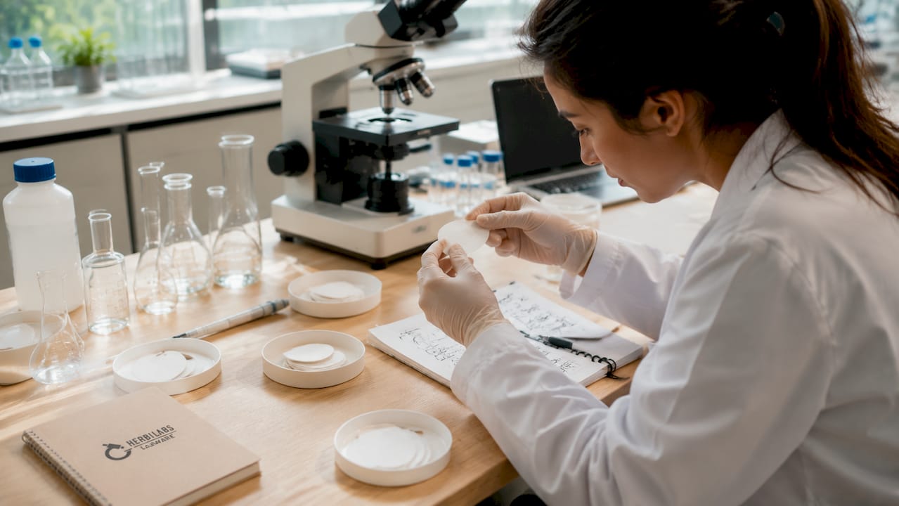 Vue rapprochée de différents filtres à membrane stériles disposés sur une paillasse de laboratoire.