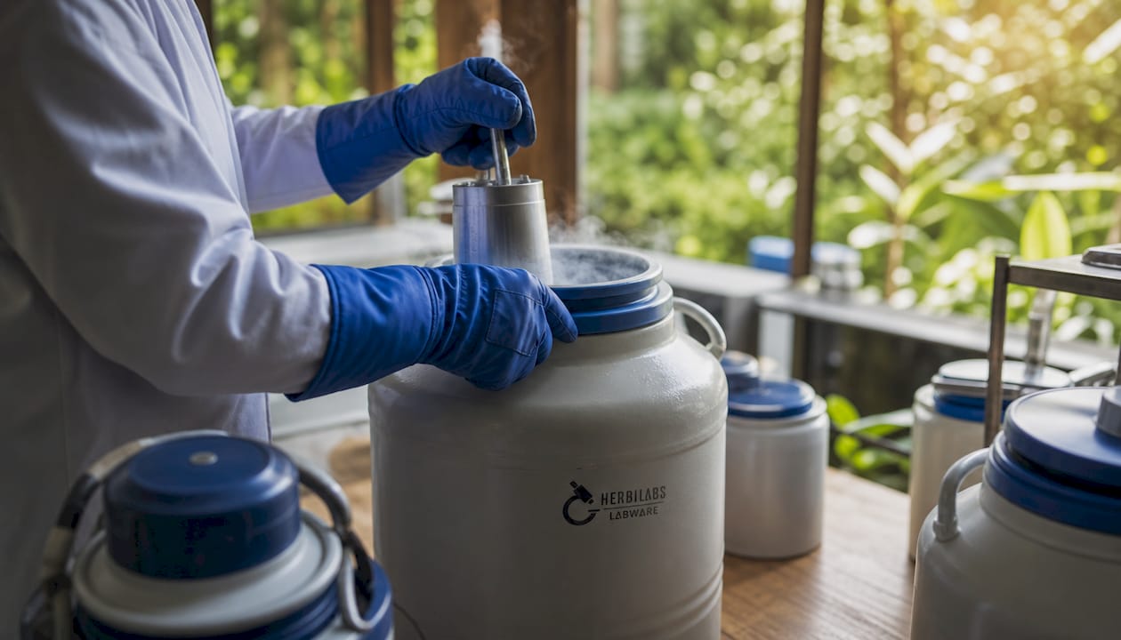 Hands handling vial in liquid nitrogen dewar