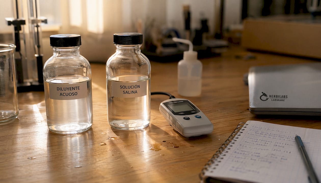 Detalle de soluciones acuosas y salinas junto a material de laboratorio