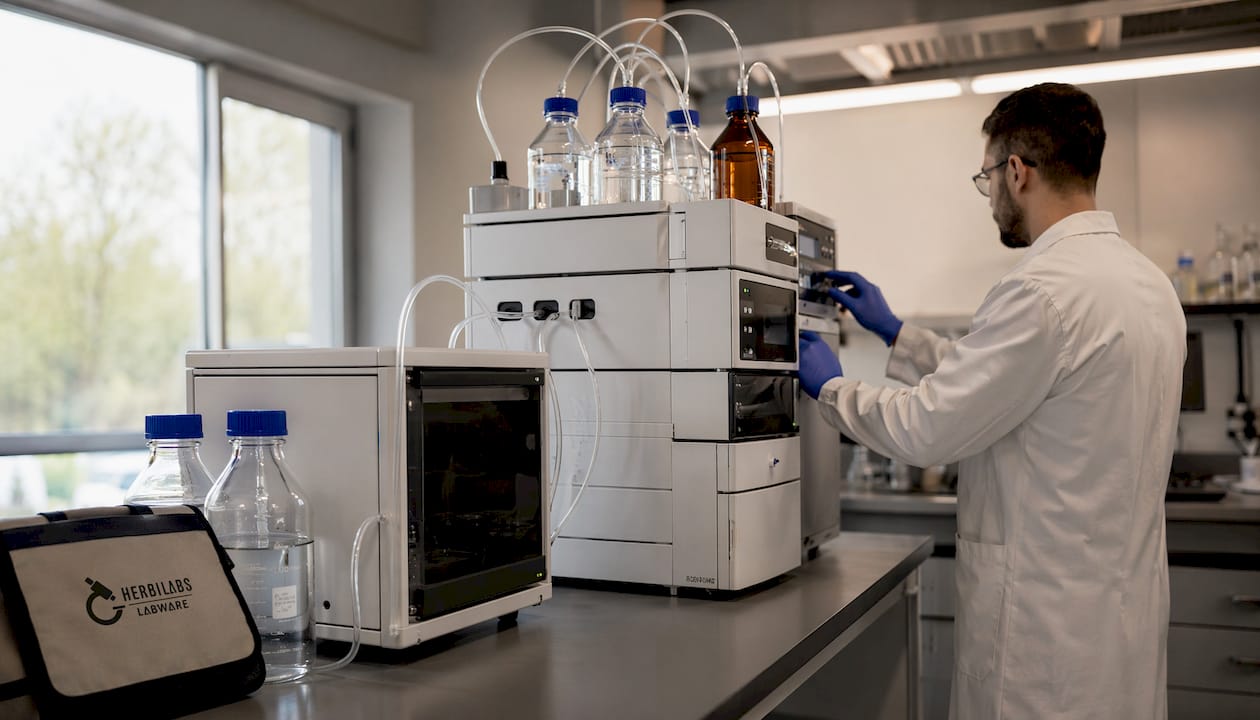 HPLC instrument with solvent bottles and tubing