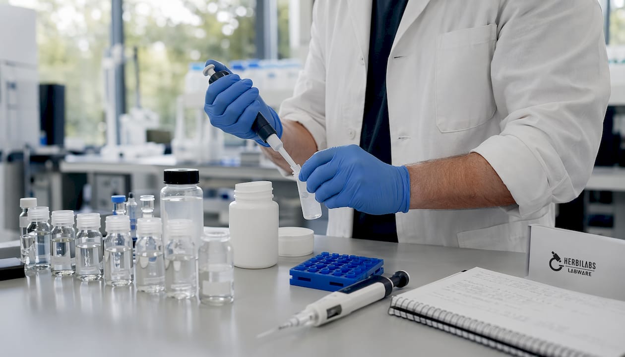 Im Labor werden Peptidlösungen sorgfältig von Hand zubereitet.