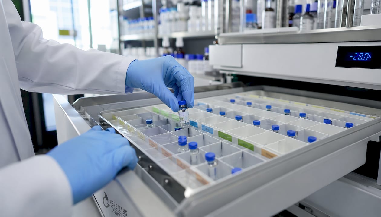 Des mains rangent soigneusement des échantillons de peptides étiquetés dans un compartiment réfrigéré.