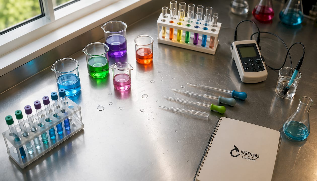 Elementos necesarios para realizar diluciones de manera segura en la mesa blanca del laboratorio